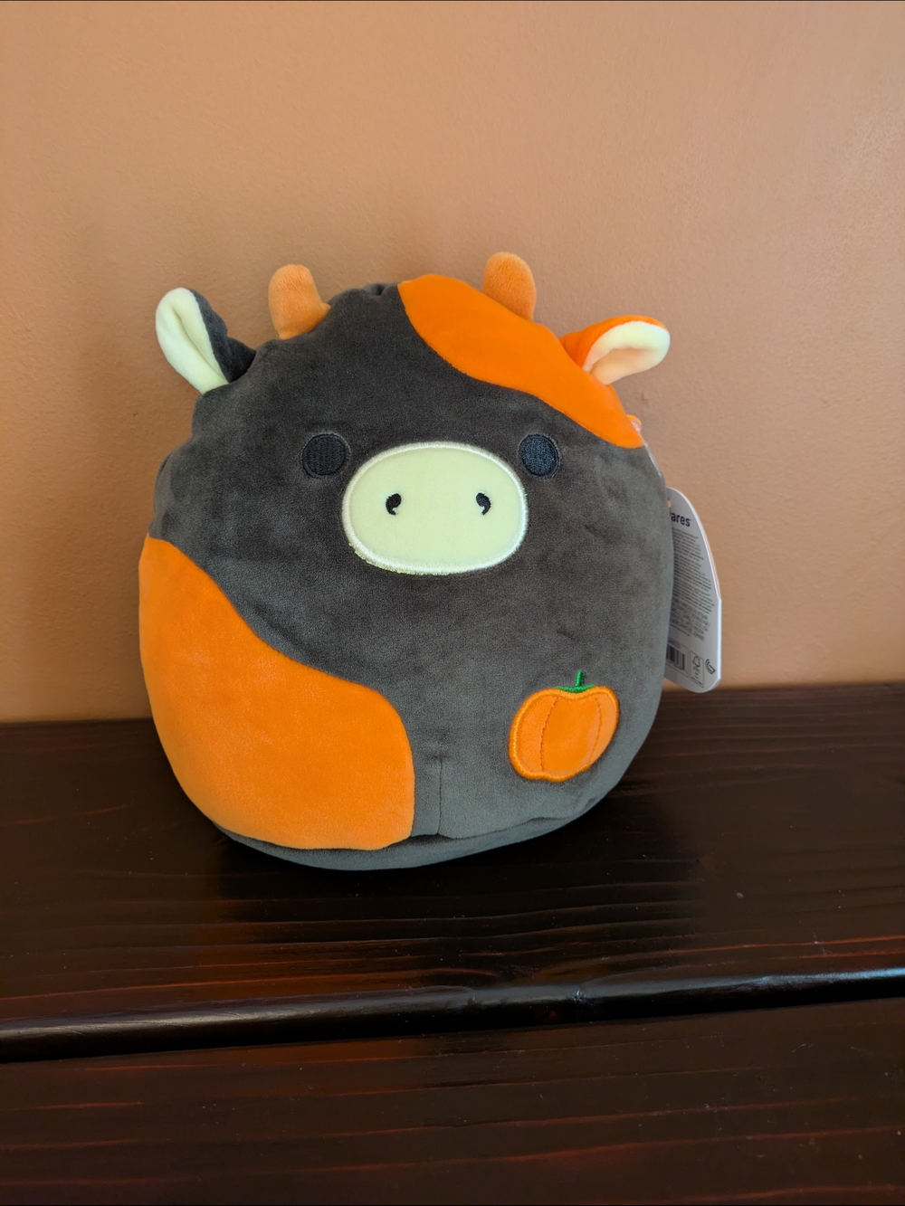 Squishmellow- Jefferson, Orange & Dark Gray Cow  - Soft Halloween Pumpkin Design